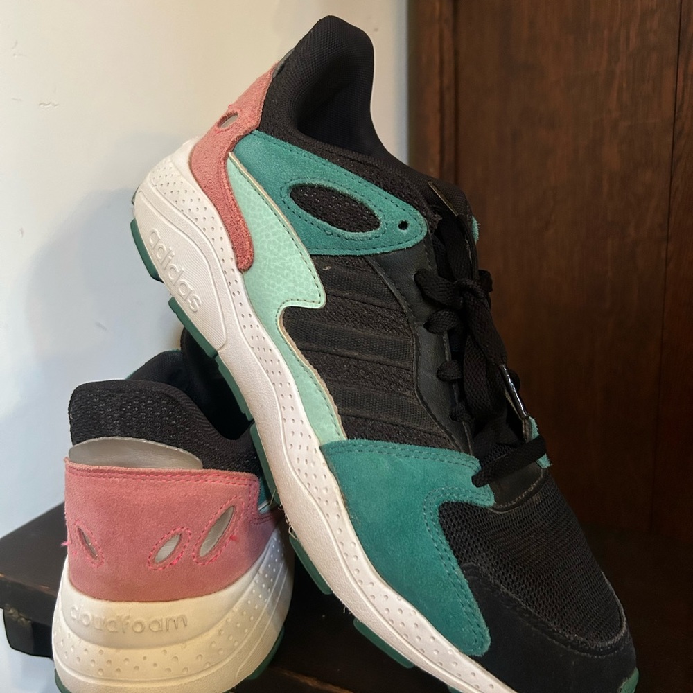 Adidas Women's Black and Teal Sneakers with Pink Accents